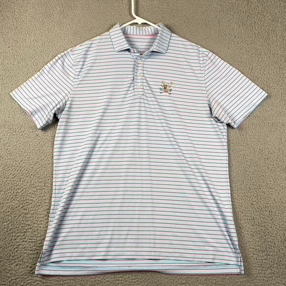 Johnnie-O Polo Golf Shirt Men's Large Blue Pink Striped Performance Athletic - Picture 2 of 9